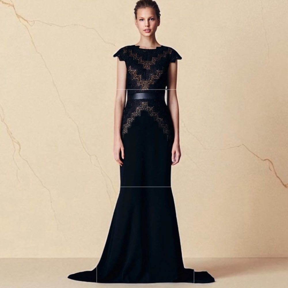 Tadashi Shoji Black Maxi Gown with Gold Embroidery